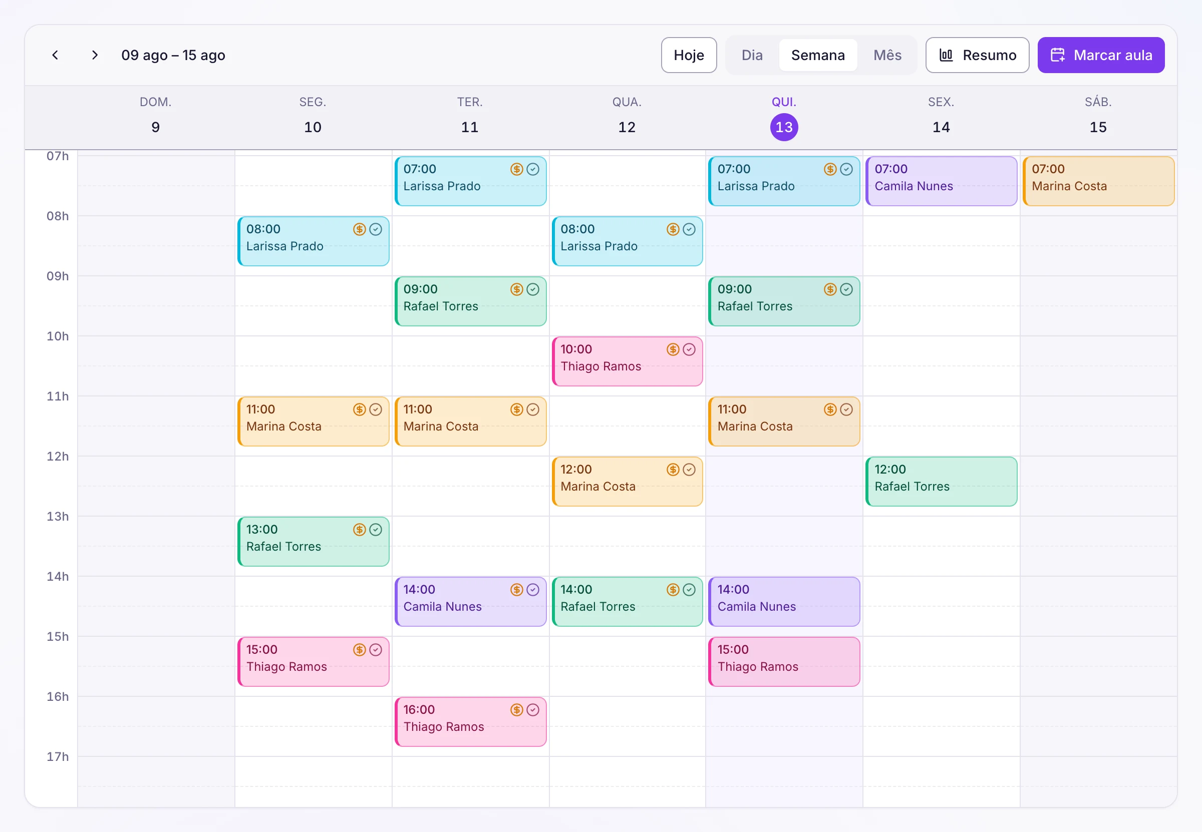 A agenda da semana do professor: aulas coloridas por aluno, de segunda a sábado, com nome e horário.