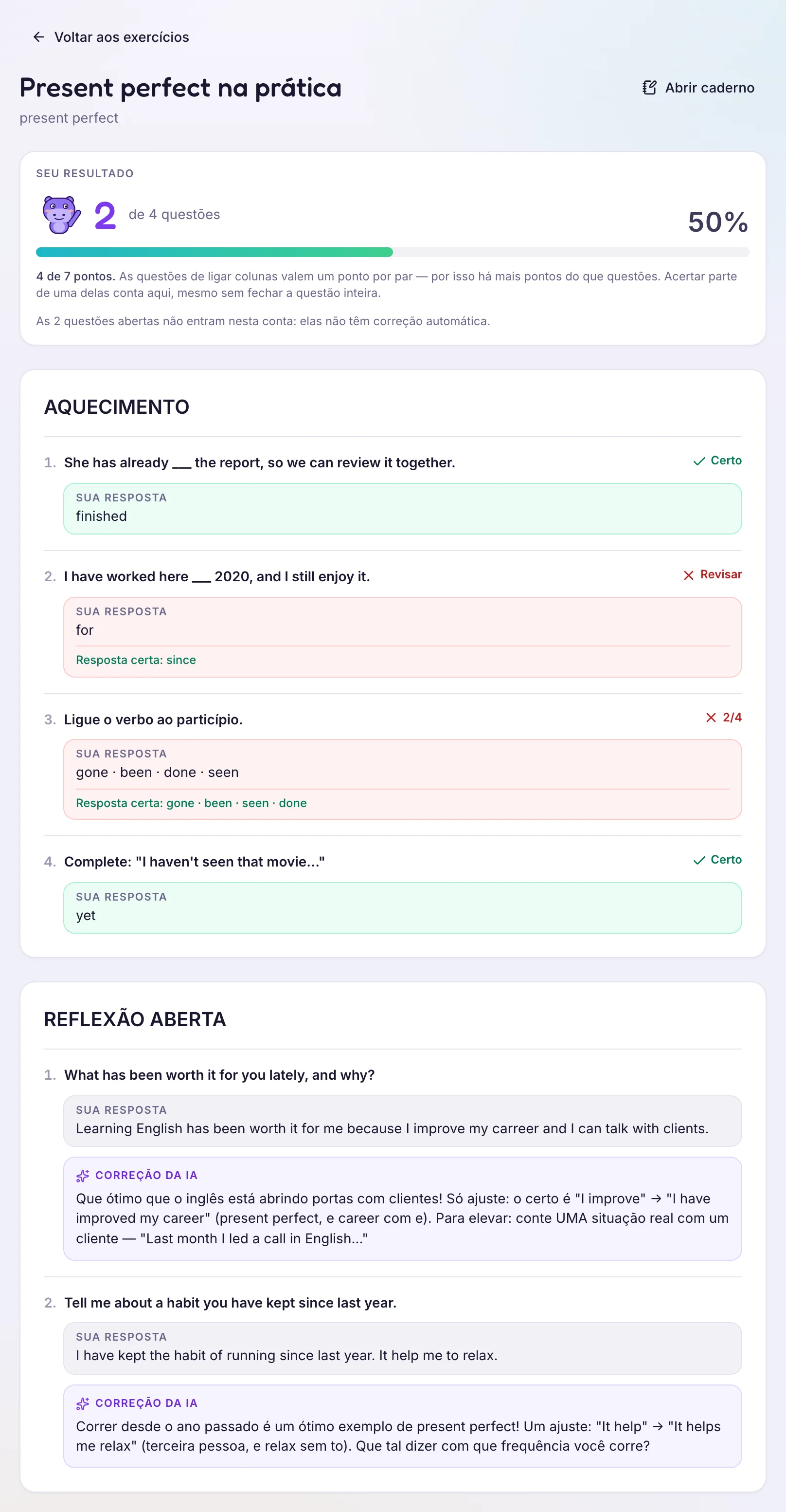 Um exercício corrigido: o placar com a porcentagem de acertos, cada questão marcada como certa ou para revisar com a resposta certa revelada, e as respostas abertas com a correção da IA comentada ao lado.