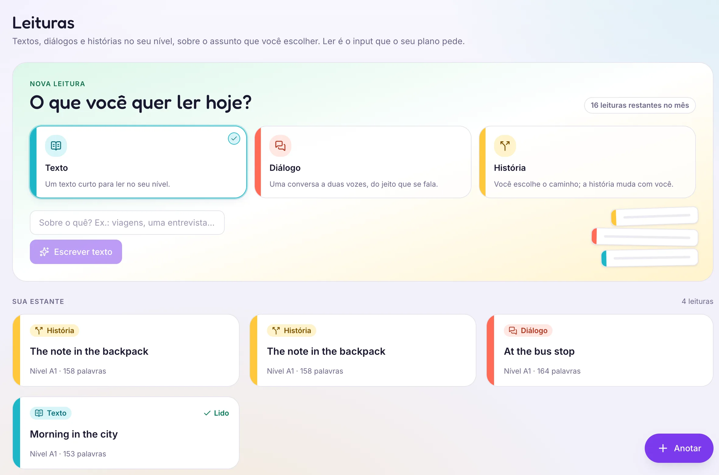 A tela de Leituras: o gerador com os tipos Texto, Diálogo e História, cada um com sua cor, e abaixo a estante com histórias interativas, um diálogo e um texto no nível A1, um deles já lido.