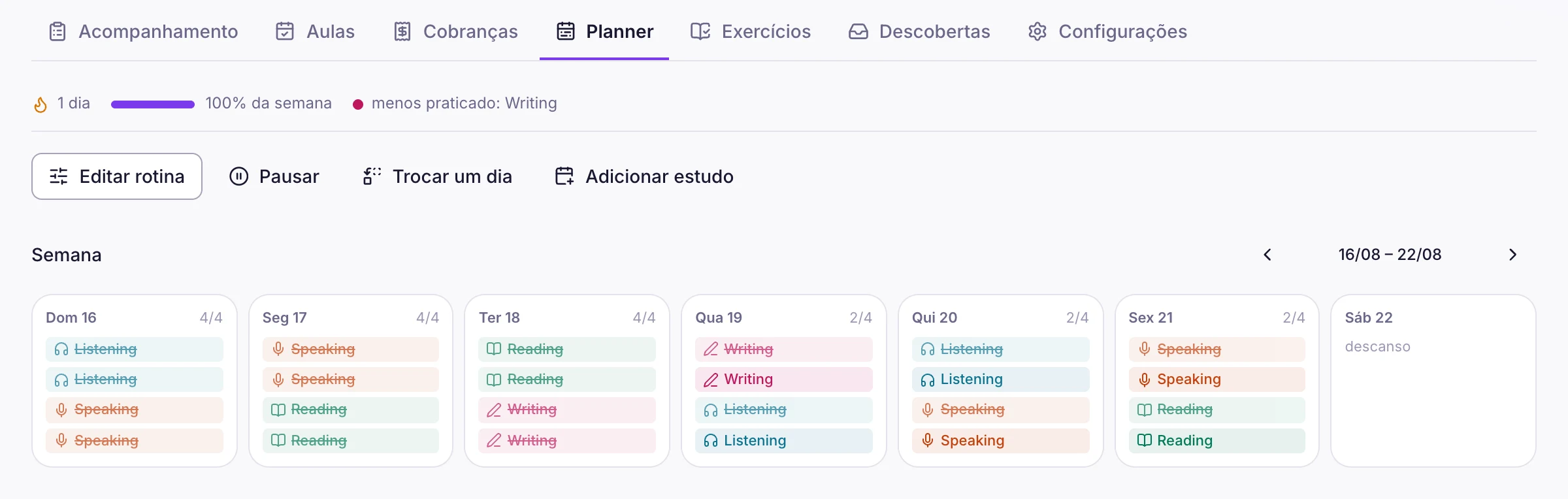 A semana de estudo de um aluno, aberta pelo professor, com os botões de editar rotina, pausar, trocar um dia e adicionar estudo.